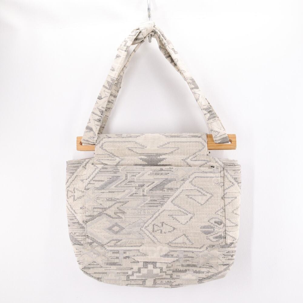 Southwestern Canvas Handbag Handmade Ivory Gray Purse Bag Wooden Handles